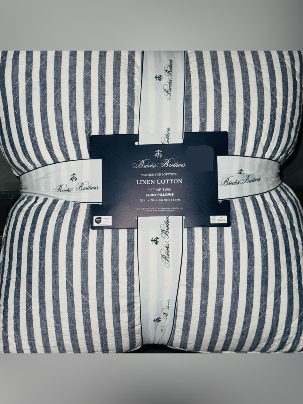 2 BROOKS BROTHERS Linen Blend Quilted Euro Pillow Set Blue White Stripes 26" NEW